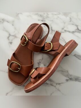 LN!! EVERLANE The Twin Buckle Sandal Brown Sugar Leather Adjustable Flat 6